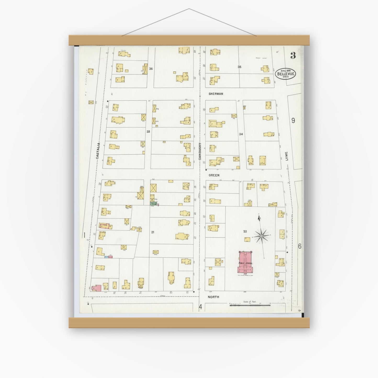 Old map wall art mockup — magnetic wood frame on white wall — Sanborn Fire Insurance Map from Bellevue, Huron And Sandusky County, Ohio (1899), Sheet #0003