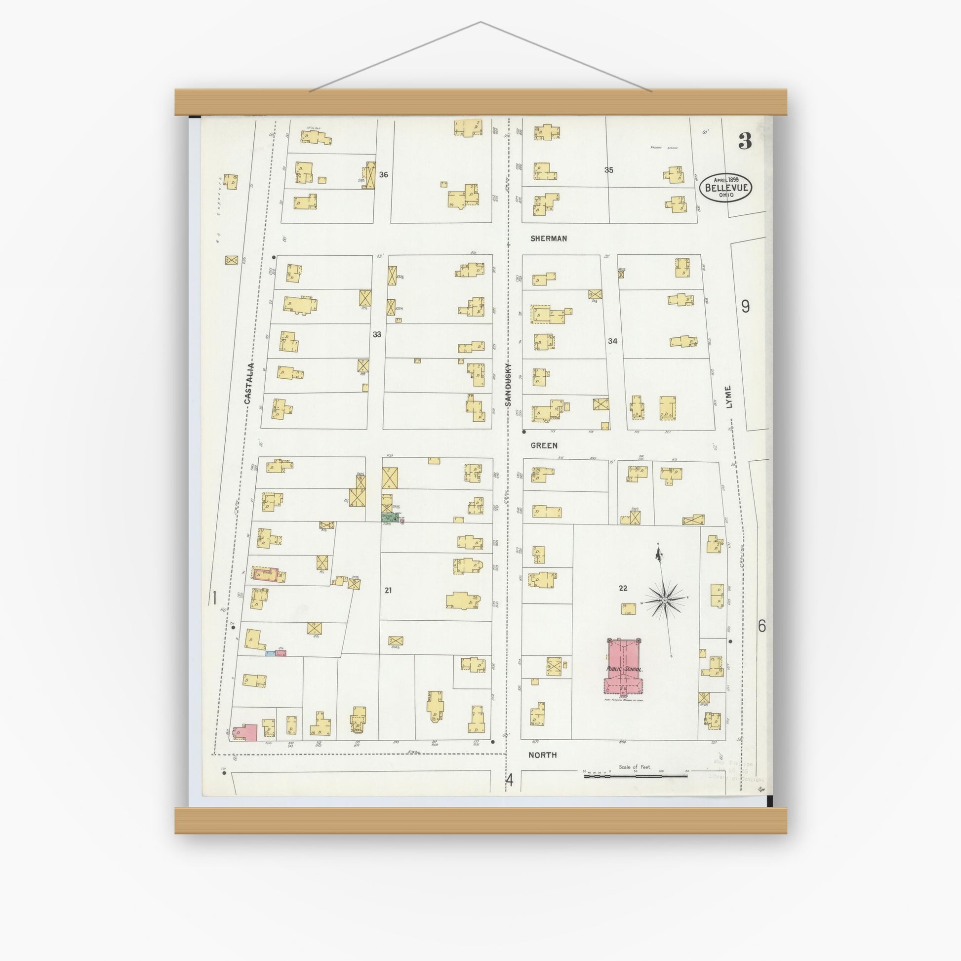 Old map wall art mockup — magnetic wood frame on white wall — Sanborn Fire Insurance Map from Bellevue, Huron And Sandusky County, Ohio (1899), Sheet #0003