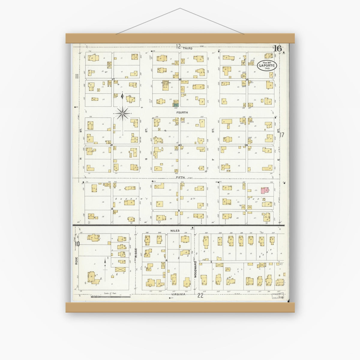 Old map wall art mockup — magnetic wood frame on white wall — Sanborn Fire Insurance Map from La Porte, La Porte County, Indiana (1907), Sheet #0016