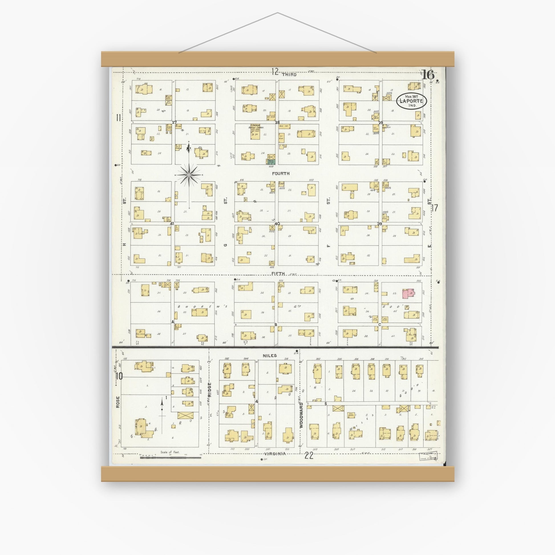 Old map wall art mockup — magnetic wood frame on white wall — Sanborn Fire Insurance Map from La Porte, La Porte County, Indiana (1907), Sheet #0016