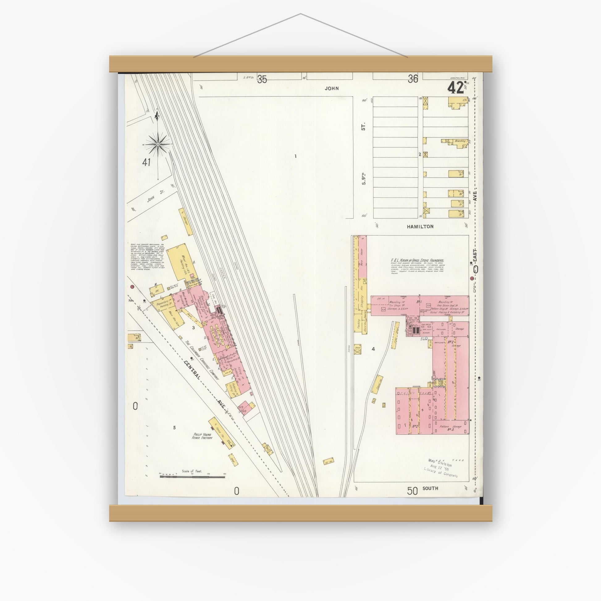 Old map wall art mockup — magnetic wood frame on white wall — Sanborn Fire Insurance Map from Hamilton, Butler County, Ohio (1899), Sheet #0042