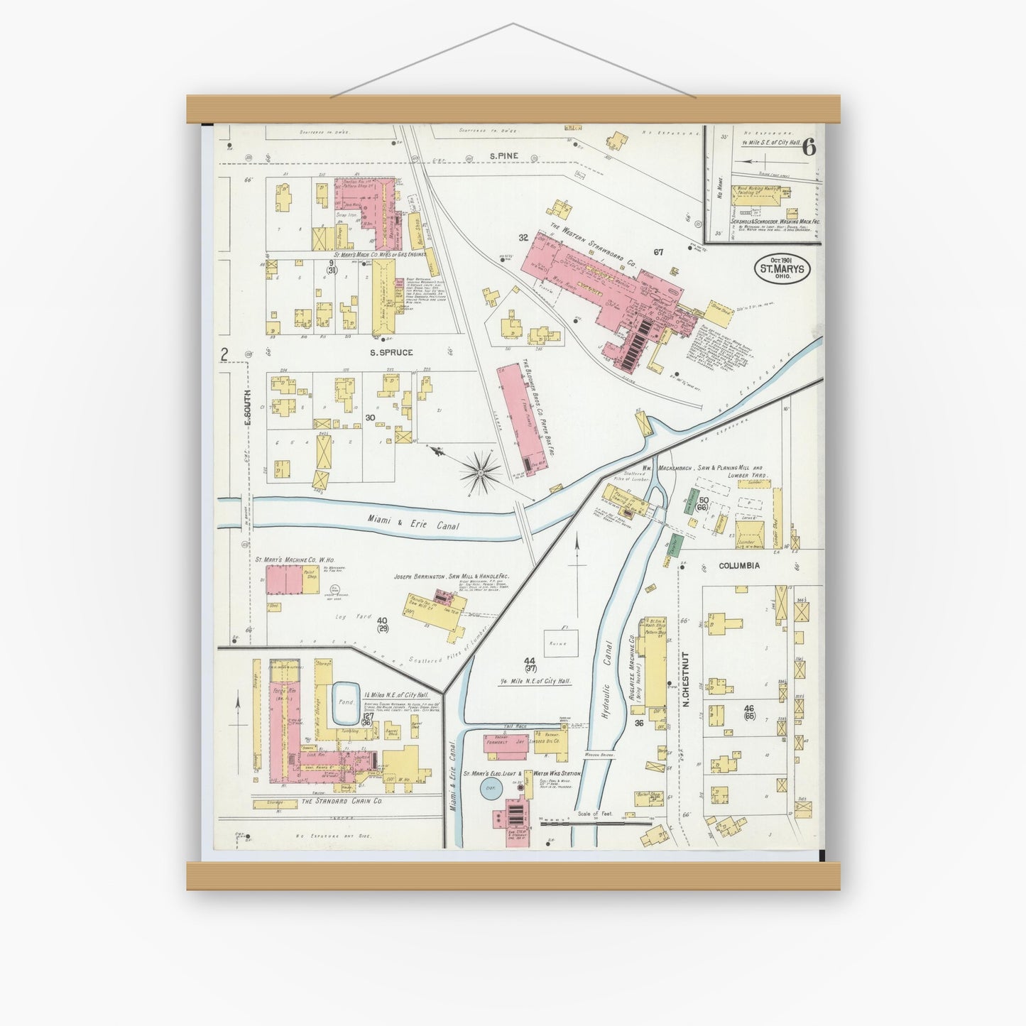 Old map wall art mockup — magnetic wood frame on white wall — Sanborn Fire Insurance Map from Saint Marys, Auglaize County, Ohio (1901), Sheet #0006