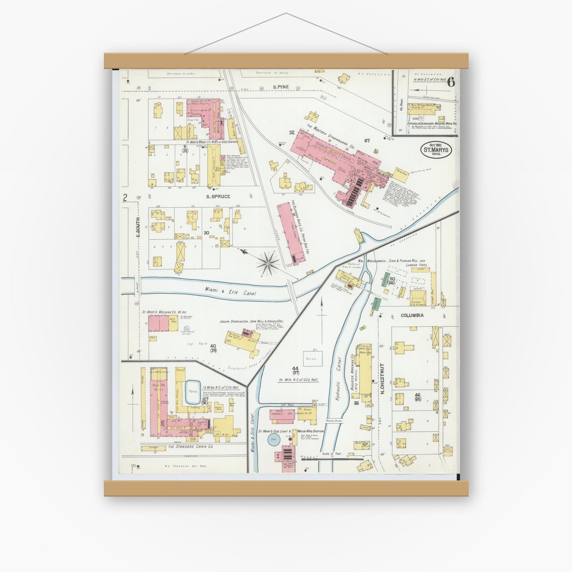 Old map wall art mockup — magnetic wood frame on white wall — Sanborn Fire Insurance Map from Saint Marys, Auglaize County, Ohio (1901), Sheet #0006