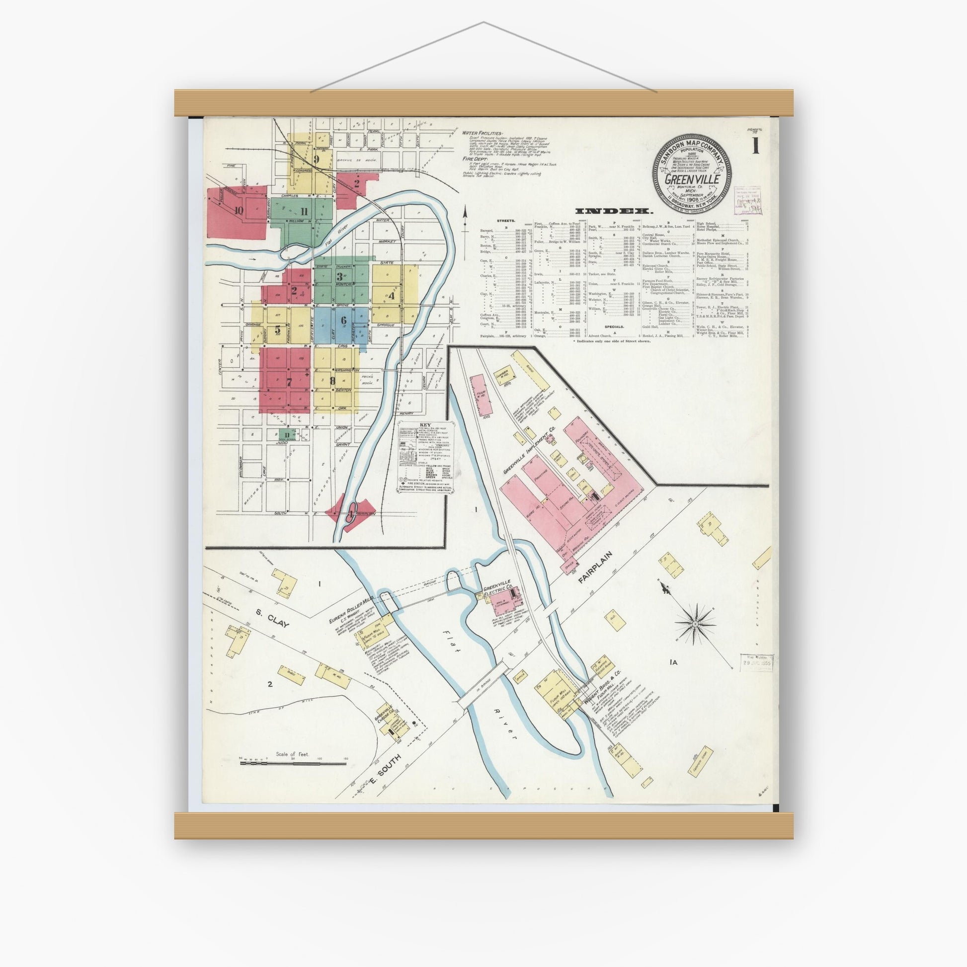 Old map wall art mockup — magnetic wood frame on white wall — Sanborn Fire Insurance Map from Greenville, Montcalm County, Michigan (1908), Sheet #0001