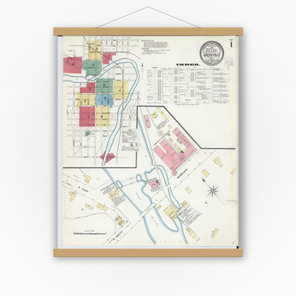 Old map wall art mockup — magnetic wood frame on white wall — Sanborn Fire Insurance Map from Greenville, Montcalm County, Michigan (1908), Sheet #0001