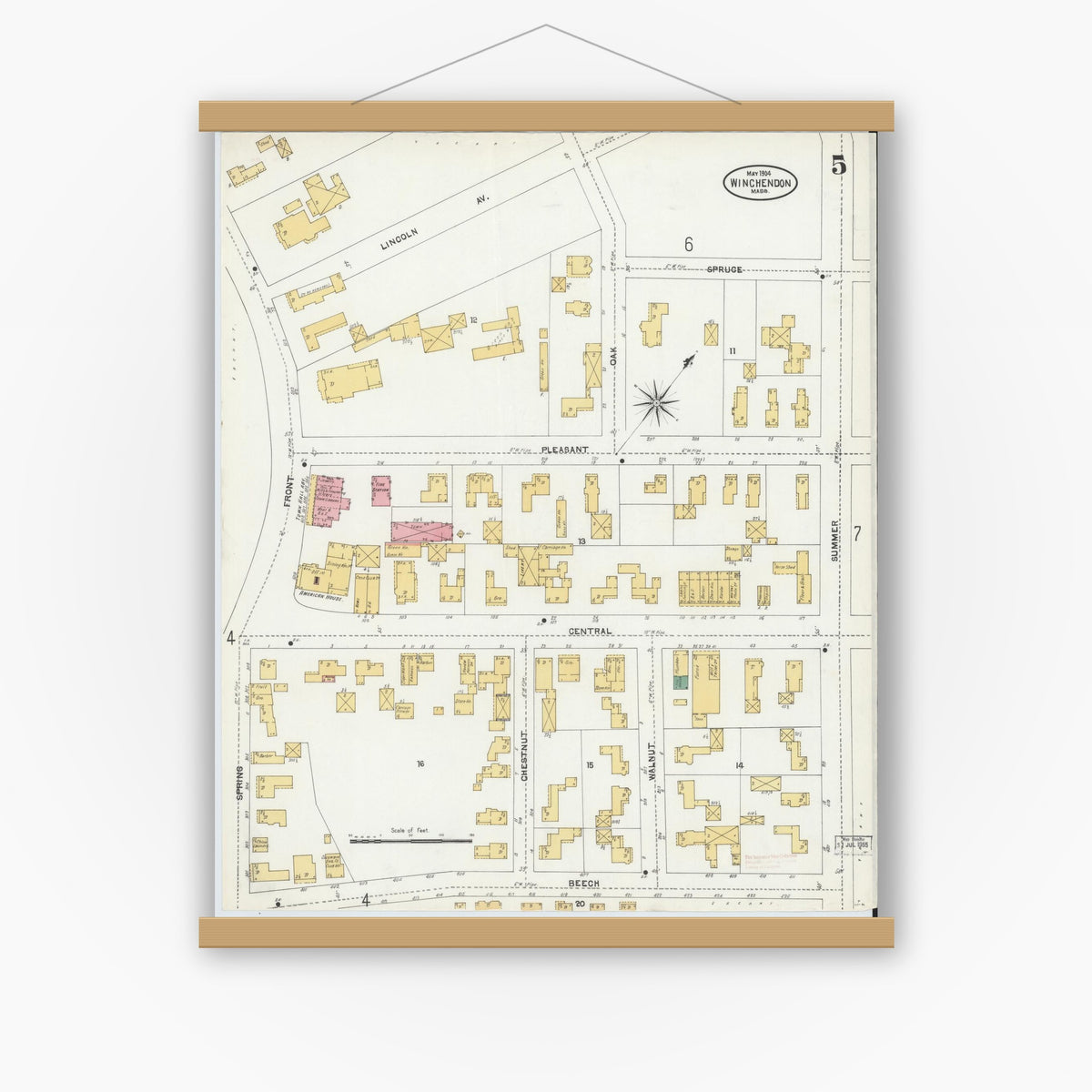Old map wall art mockup — magnetic wood frame on white wall — Sanborn Fire Insurance Map from Winchendon, Worcester County, Massachusetts (1904), Sheet #0005
