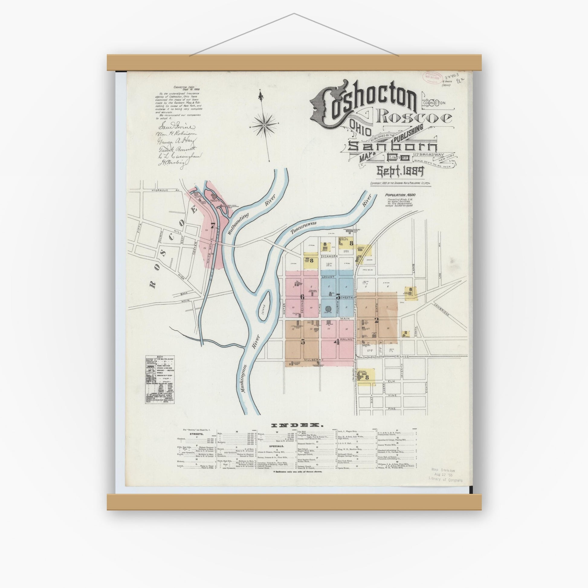Old map wall art mockup — magnetic wood frame on white wall — Sanborn Fire Insurance Map from Coshocton, Coshocton County, Ohio (1889) - Complete Map Set