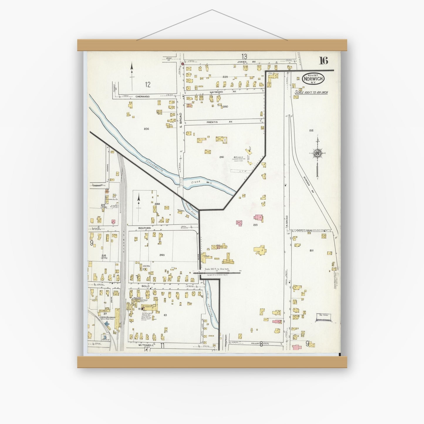 Old map wall art mockup — magnetic wood frame on white wall — Sanborn Fire Insurance Map from Norwich, Chenango County, New York (1917), Sheet #0016