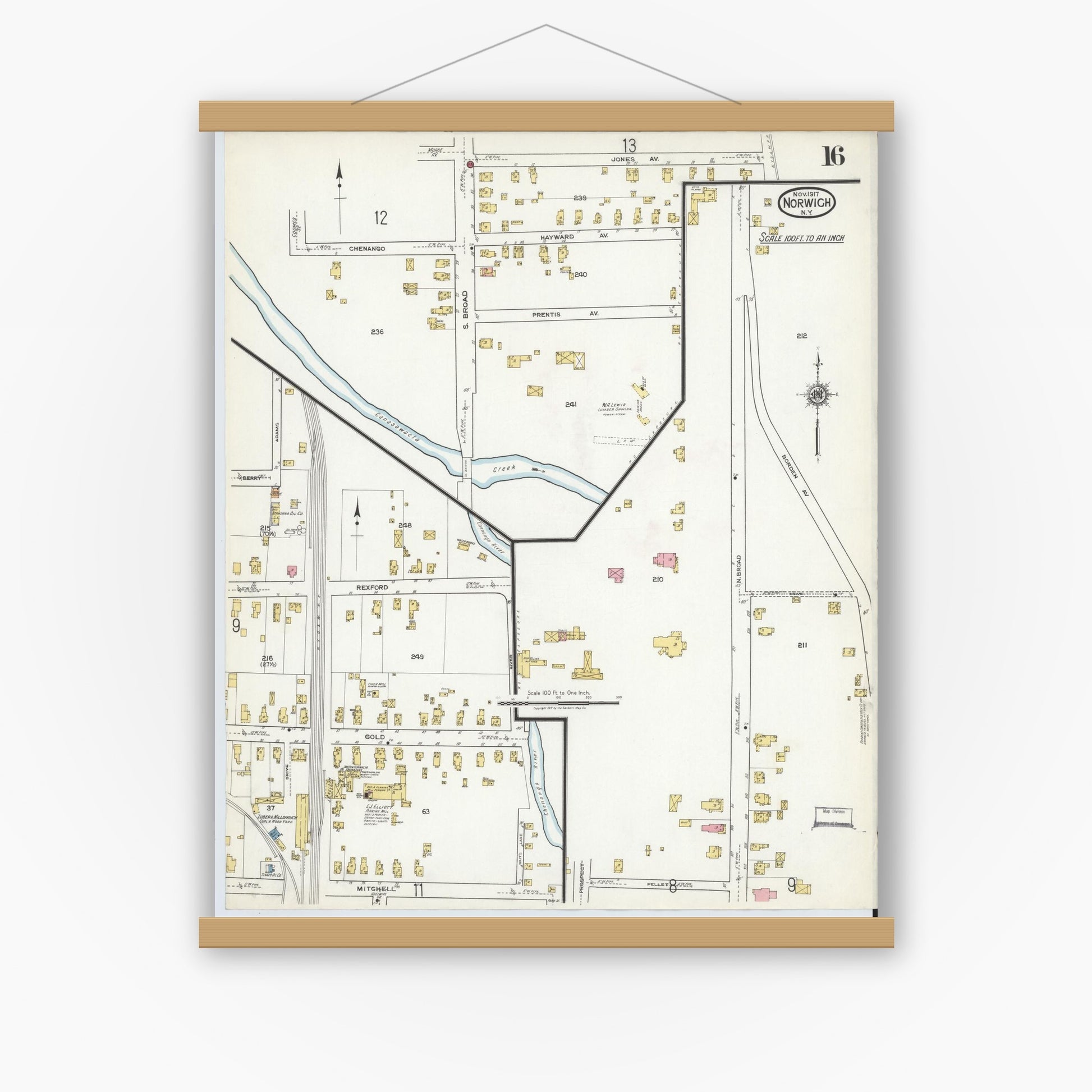 Old map wall art mockup — magnetic wood frame on white wall — Sanborn Fire Insurance Map from Norwich, Chenango County, New York (1917), Sheet #0016