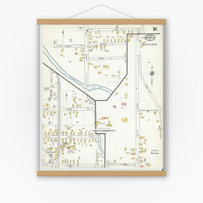 Old map wall art mockup — magnetic wood frame on white wall — Sanborn Fire Insurance Map from Norwich, Chenango County, New York (1917), Sheet #0016