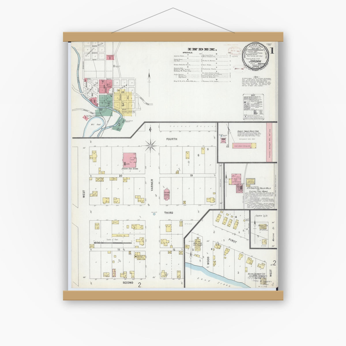 Old map wall art mockup — magnetic wood frame on white wall — Sanborn Fire Insurance Map from Jordan, Scott County, Minnesota (1899) - Complete Map Set