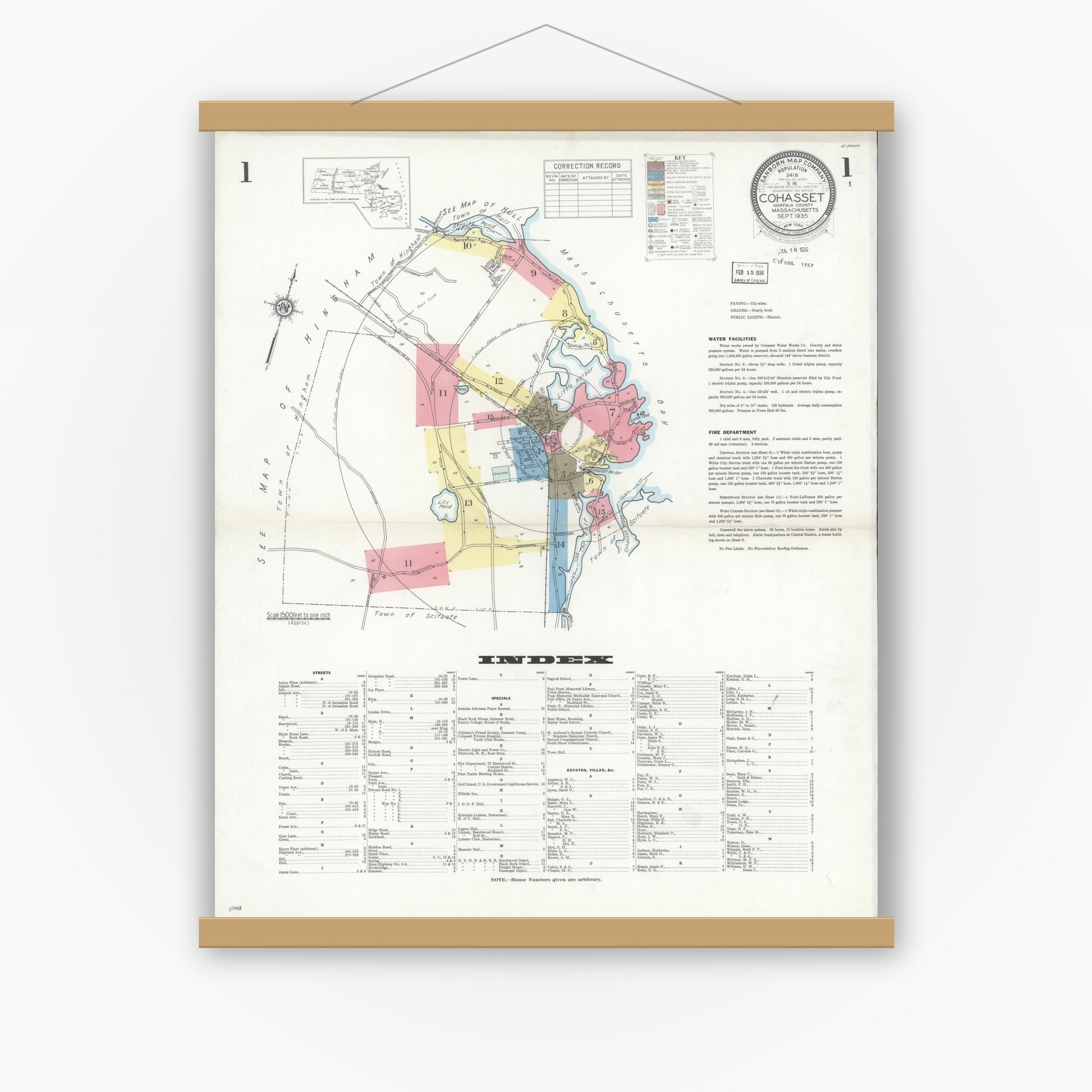 Old map wall art mockup — magnetic wood frame on white wall — Sanborn Fire Insurance Map from Cohasset, Norfolk County, Massachusetts (1935), Sheet #0001