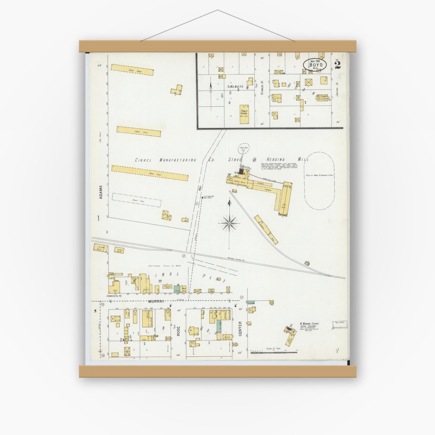 Old map wall art mockup — magnetic wood frame on white wall — Sanborn Fire Insurance Map from Boyd, Chippewa County, Wisconsin (1900), Sheet #0002