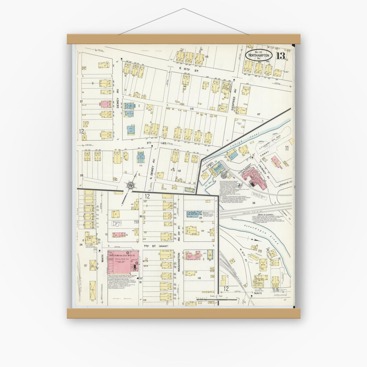 Old map wall art mockup — magnetic wood frame on white wall — Sanborn Fire Insurance Map from Northampton, Northampton County, Pennsylvania (1911), Sheet #0013