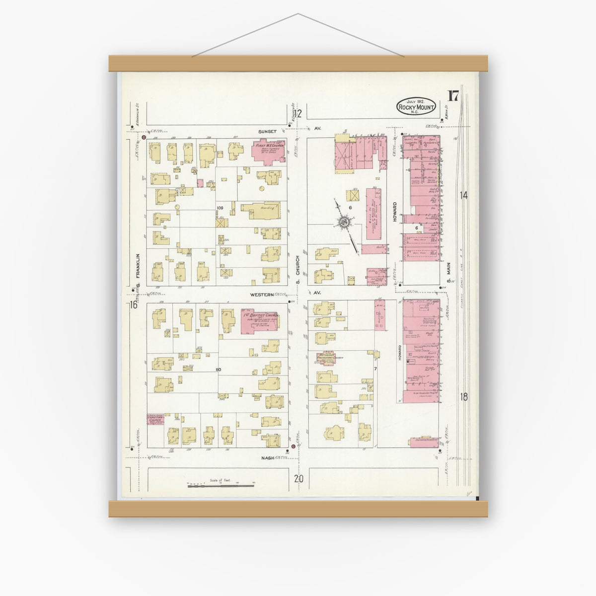 Old map wall art mockup — magnetic wood frame on white wall — Sanborn Fire Insurance Map from Rocky Mount, Edgecombe And Nash Counties, North Carolina (1912), Sheet #0017