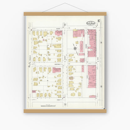 Old map wall art mockup — magnetic wood frame on white wall — Sanborn Fire Insurance Map from Rocky Mount, Edgecombe And Nash Counties, North Carolina (1912), Sheet #0017