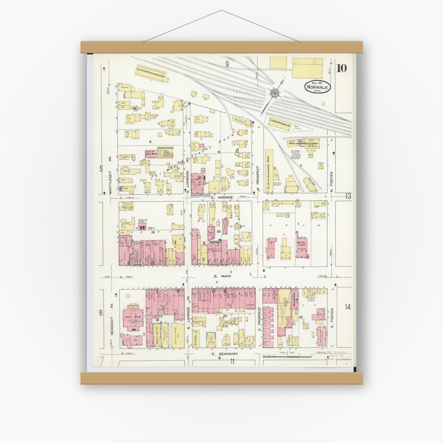 Old map wall art mockup — magnetic wood frame on white wall — Sanborn Fire Insurance Map from Norwalk, Huron County, Ohio (1911), Sheet #0010
