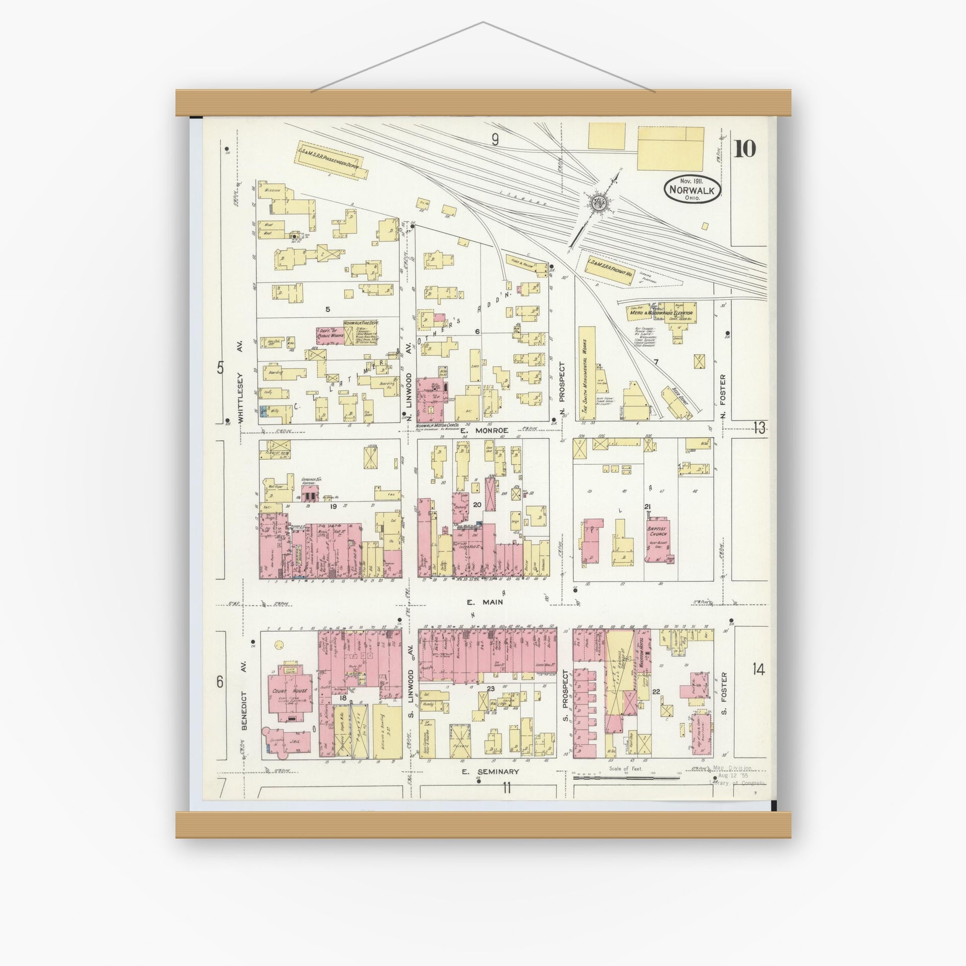 Old map wall art mockup — magnetic wood frame on white wall — Sanborn Fire Insurance Map from Norwalk, Huron County, Ohio (1911), Sheet #0010