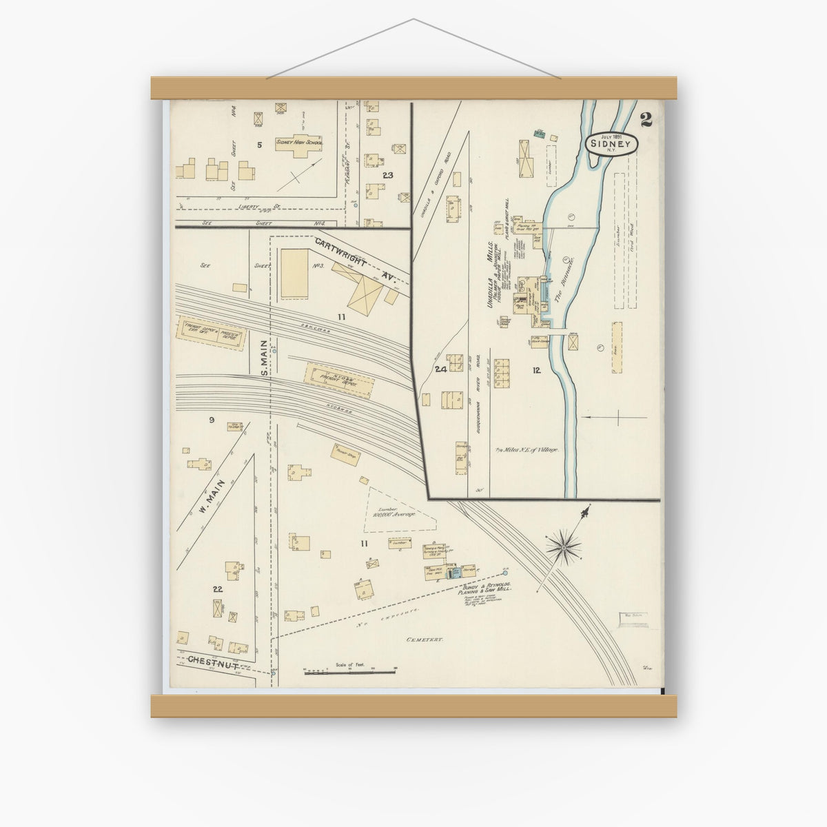 Old map wall art mockup — magnetic wood frame on white wall — Sanborn Fire Insurance Map from Sidney, Delaware County, New York (1891), Sheet #0002