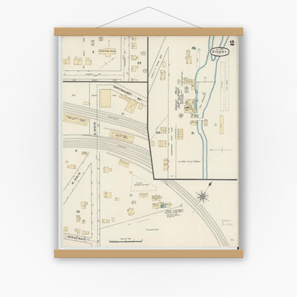 Old map wall art mockup — magnetic wood frame on white wall — Sanborn Fire Insurance Map from Sidney, Delaware County, New York (1891), Sheet #0002