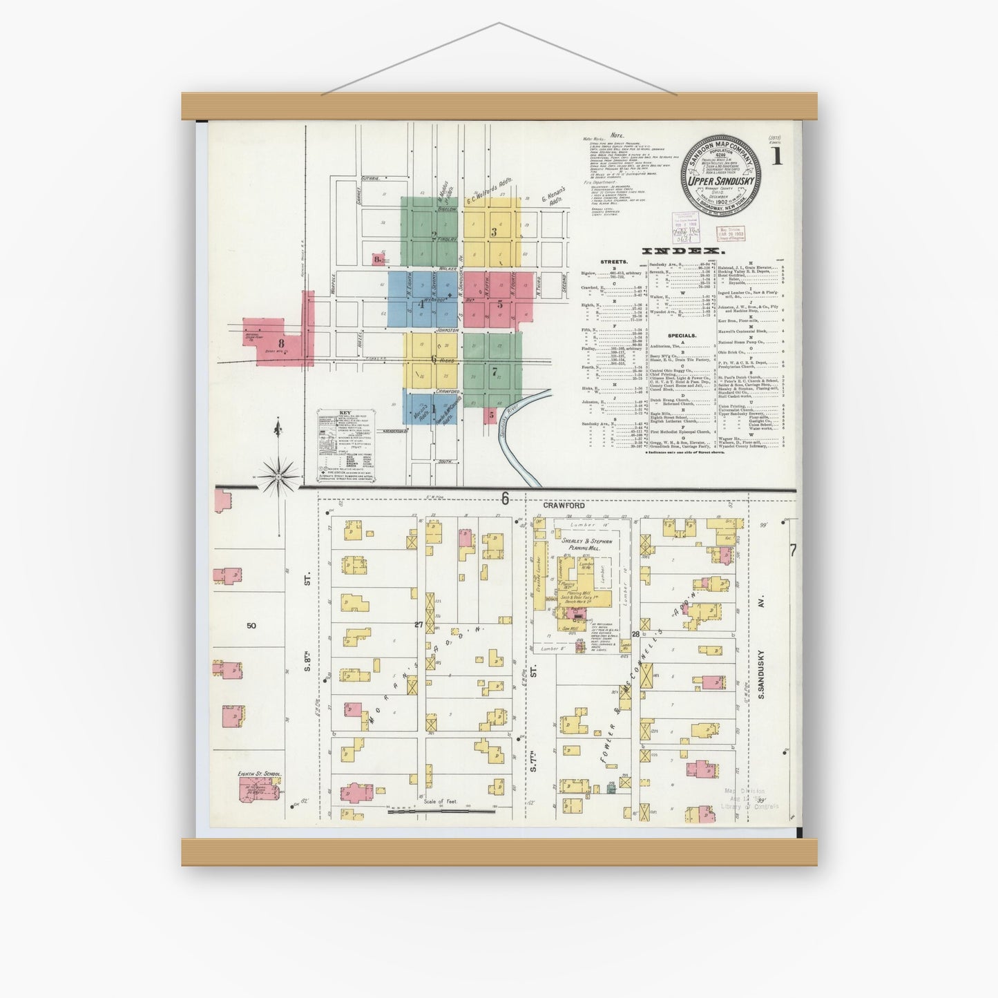 Old map wall art mockup — magnetic wood frame on white wall — Sanborn Fire Insurance Map from Upper Sandusky, Wyandot County, Ohio (1902) - Complete Map Set