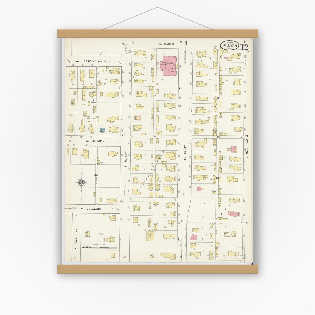 Old map wall art mockup — magnetic wood frame on white wall — Sanborn Fire Insurance Map from Sullivan, Sullivan County, Indiana (1913), Sheet #0012