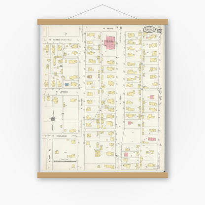 Old map wall art mockup — magnetic wood frame on white wall — Sanborn Fire Insurance Map from Sullivan, Sullivan County, Indiana (1913), Sheet #0012