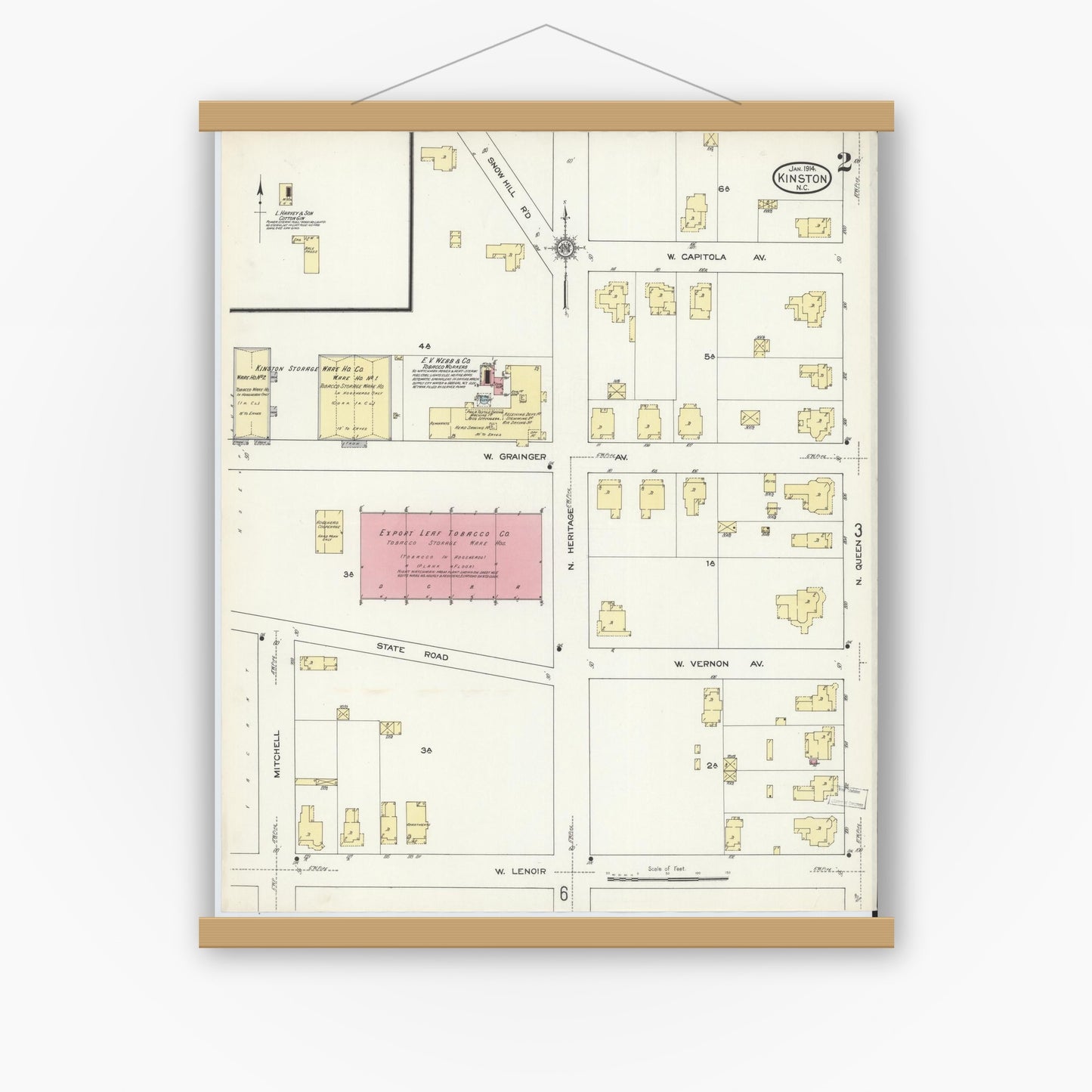 Old map wall art mockup — magnetic wood frame on white wall — Sanborn Fire Insurance Map from Kinston, Lenoir County, North Carolina (1914), Sheet #0002
