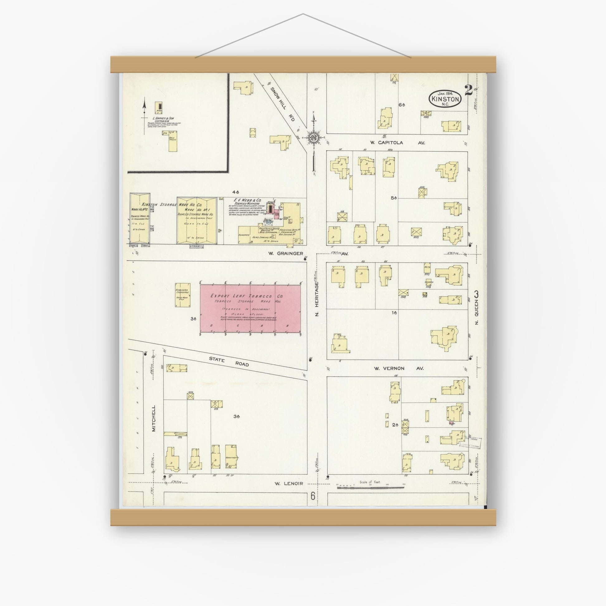 Old map wall art mockup — magnetic wood frame on white wall — Sanborn Fire Insurance Map from Kinston, Lenoir County, North Carolina (1914), Sheet #0002