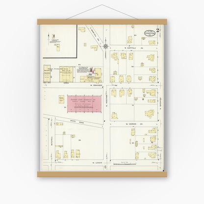 Old map wall art mockup — magnetic wood frame on white wall — Sanborn Fire Insurance Map from Kinston, Lenoir County, North Carolina (1914), Sheet #0002