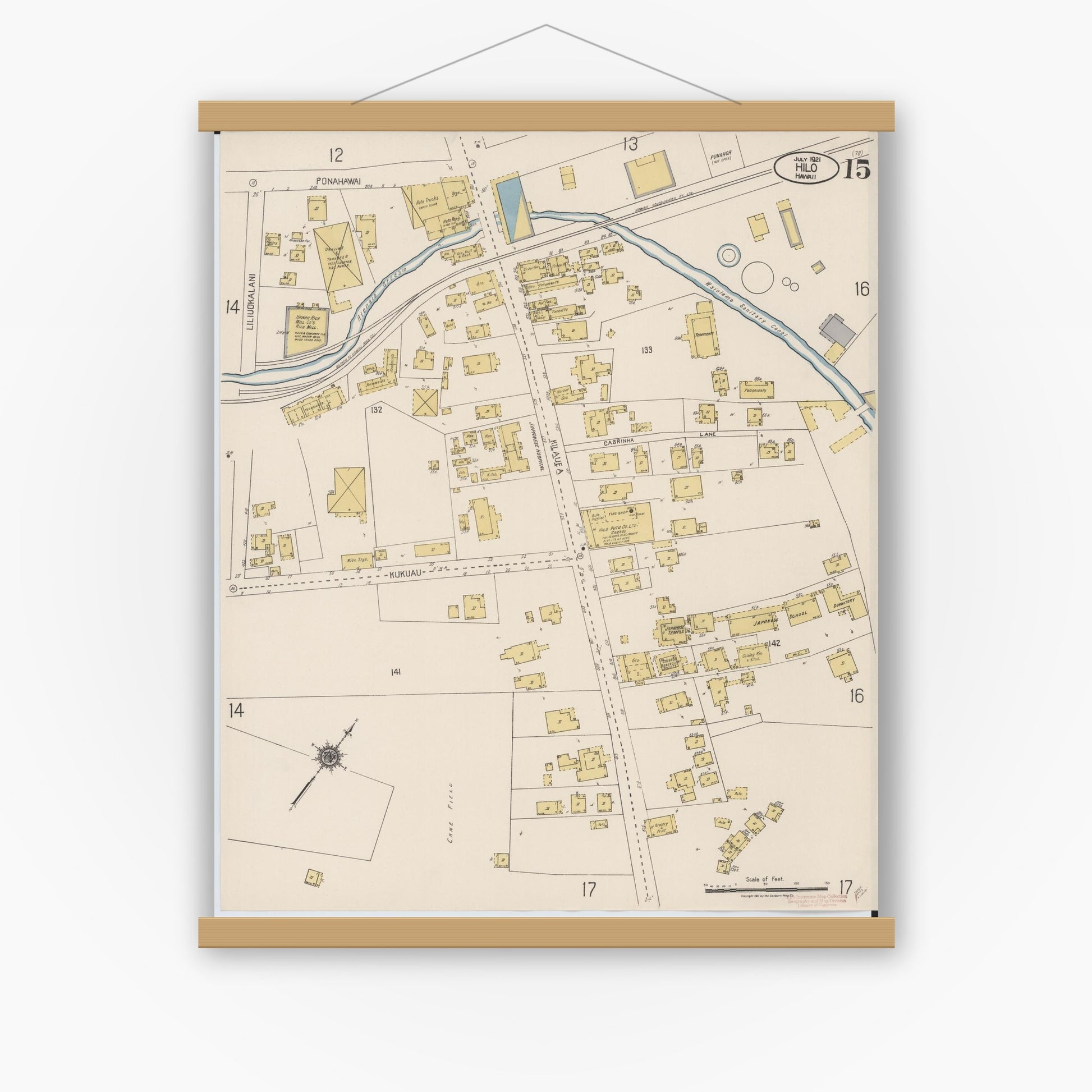 Old map wall art mockup — magnetic wood frame on white wall — Sanborn Fire Insurance Map from Hilo, Hawaii County, Hawaii (1921), Sheet #0015