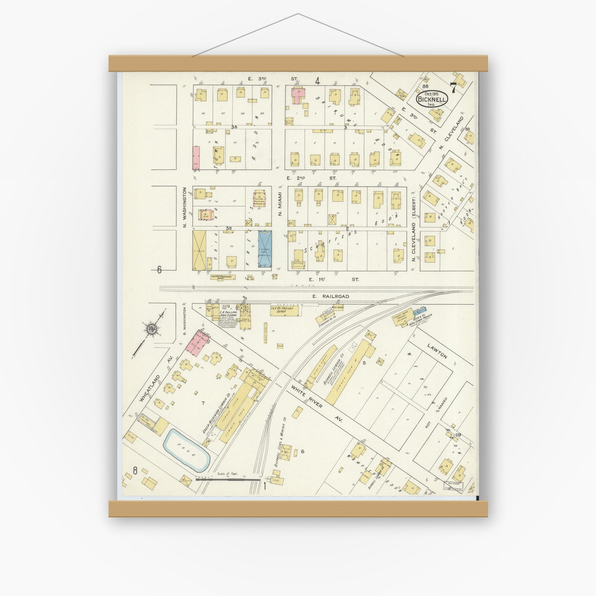 Old map wall art mockup — magnetic wood frame on white wall — Sanborn Fire Insurance Map from Bicknell, Knox County, Indiana (1915), Sheet #0007
