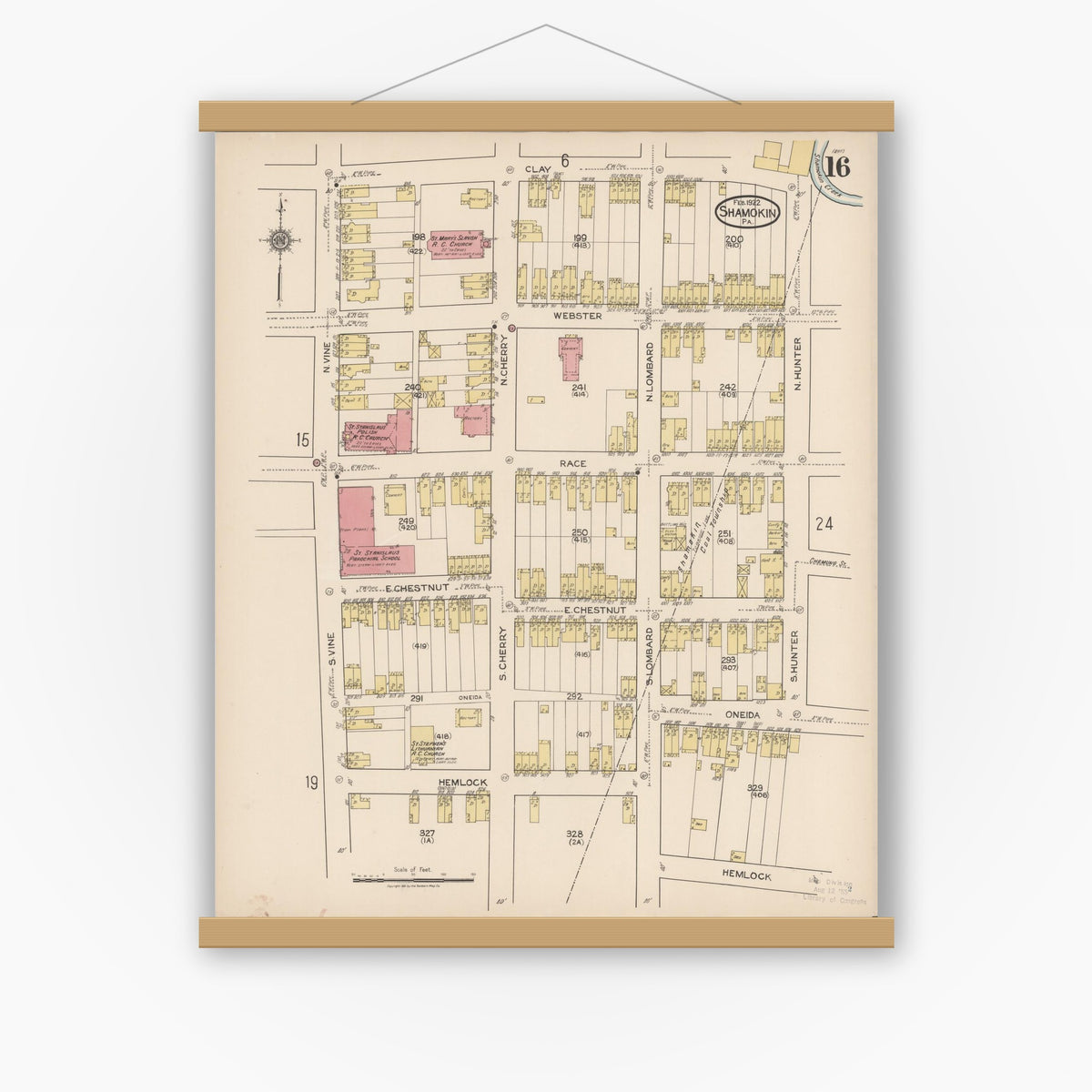 Old map wall art mockup — magnetic wood frame on white wall — Sanborn Fire Insurance Map from Shamokin, Northumberland County, Pennsylvania (1922), Sheet #0016