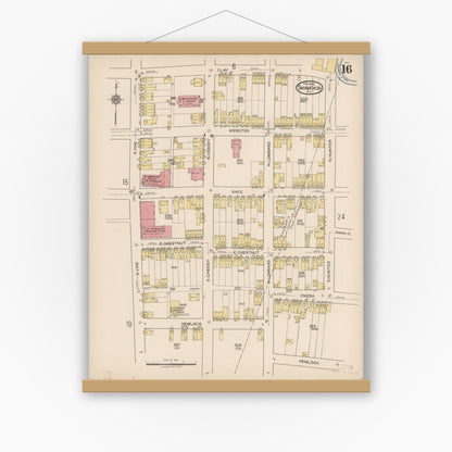 Old map wall art mockup — magnetic wood frame on white wall — Sanborn Fire Insurance Map from Shamokin, Northumberland County, Pennsylvania (1922), Sheet #0016