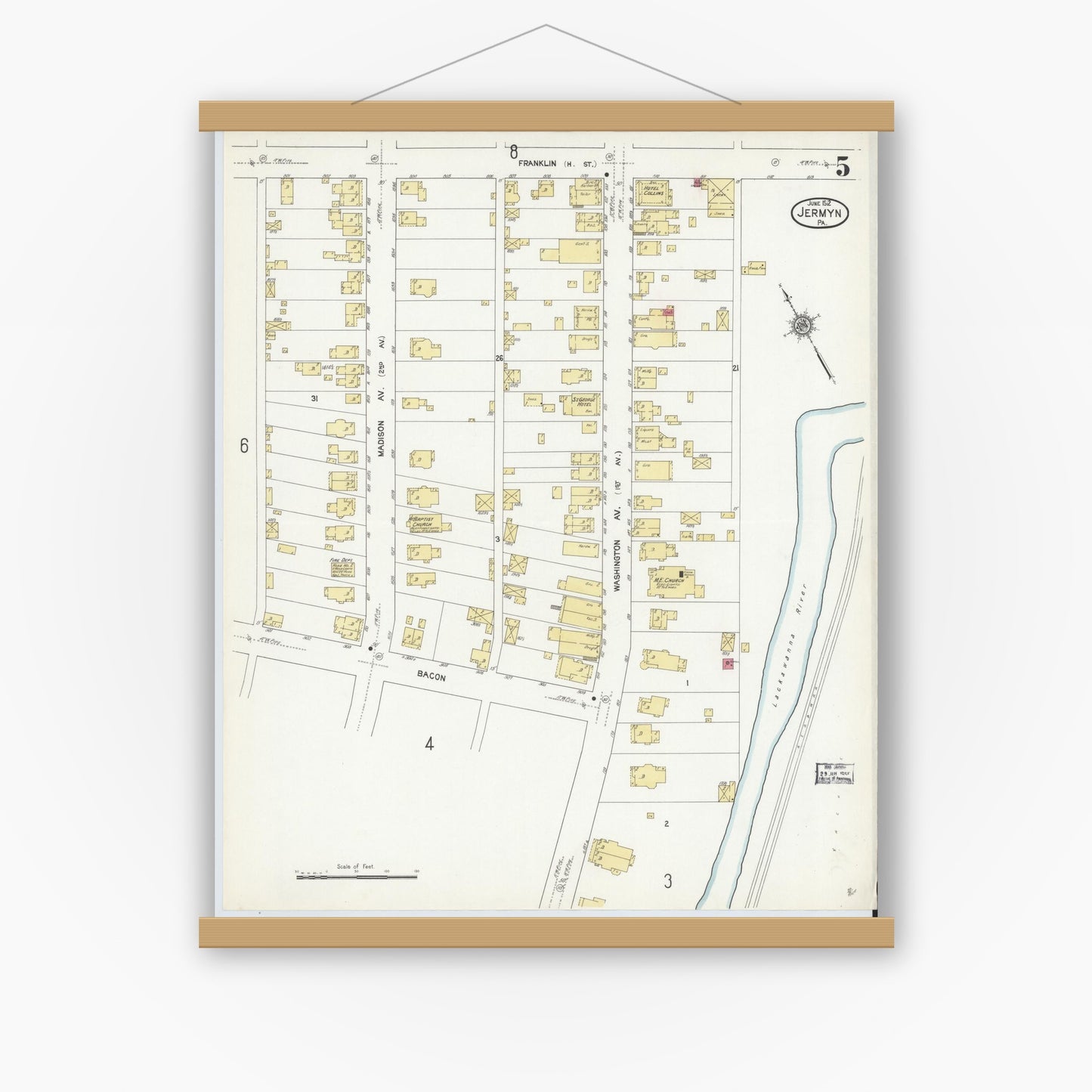 Old map wall art mockup — magnetic wood frame on white wall — Sanborn Fire Insurance Map from Jermyn, Lackawanna County, Pennsylvania (1912), Sheet #0005