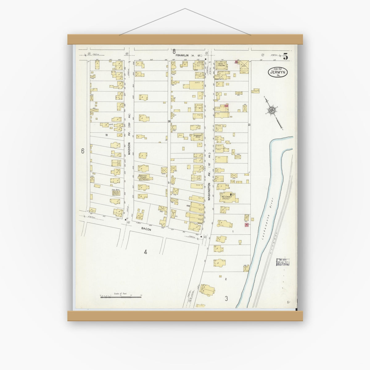Old map wall art mockup — magnetic wood frame on white wall — Sanborn Fire Insurance Map from Jermyn, Lackawanna County, Pennsylvania (1912), Sheet #0005
