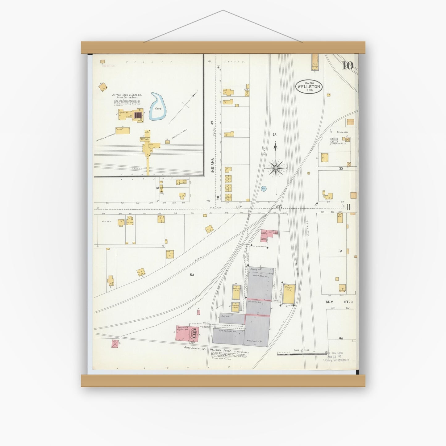Old map wall art mockup — magnetic wood frame on white wall — Sanborn Fire Insurance Map from Wellston, Jackson County, Ohio (1904), Sheet #0010
