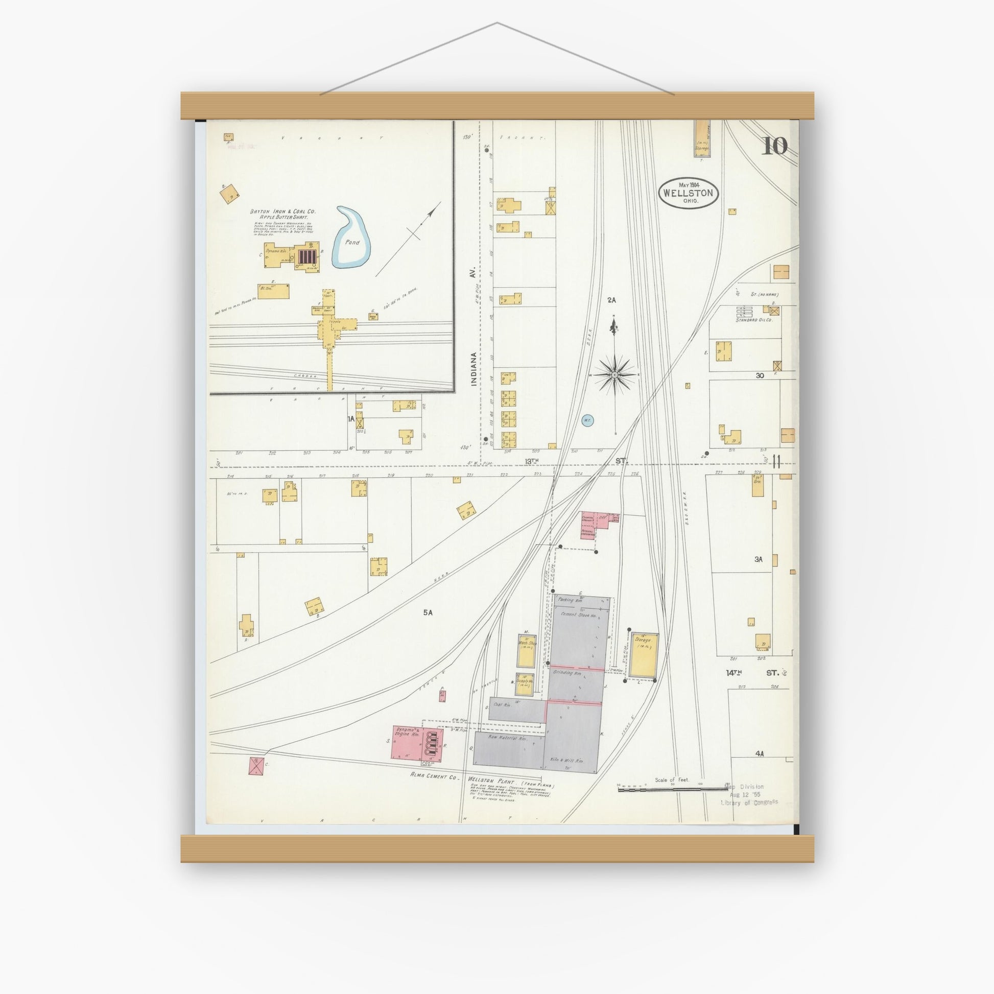 Old map wall art mockup — magnetic wood frame on white wall — Sanborn Fire Insurance Map from Wellston, Jackson County, Ohio (1904), Sheet #0010