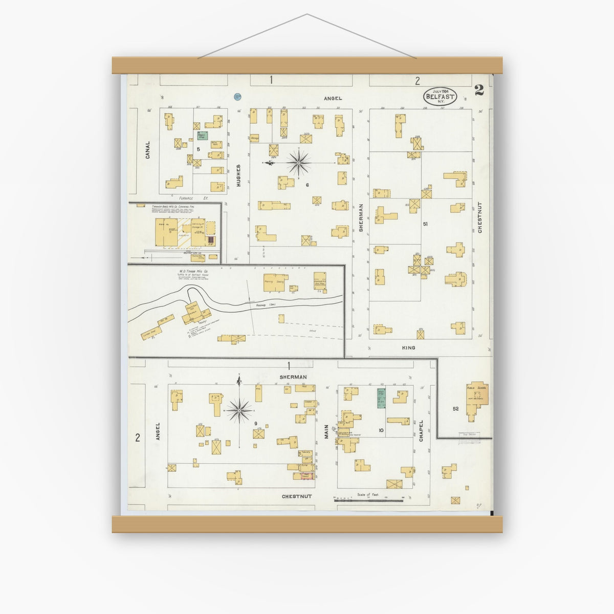 Old map wall art mockup — magnetic wood frame on white wall — Sanborn Fire Insurance Map from Belfast, Allegany County, New York (1904), Sheet #0002