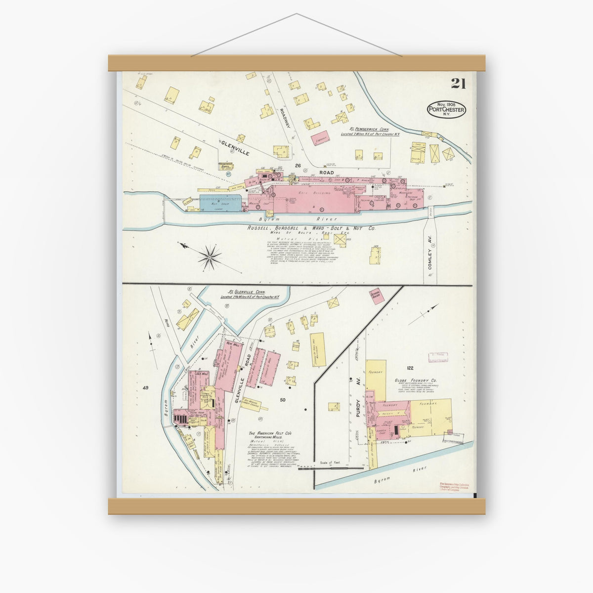 Old map wall art mockup — magnetic wood frame on white wall — Sanborn Fire Insurance Map from Port Chester, Westchester County, New York (1908), Sheet #0021