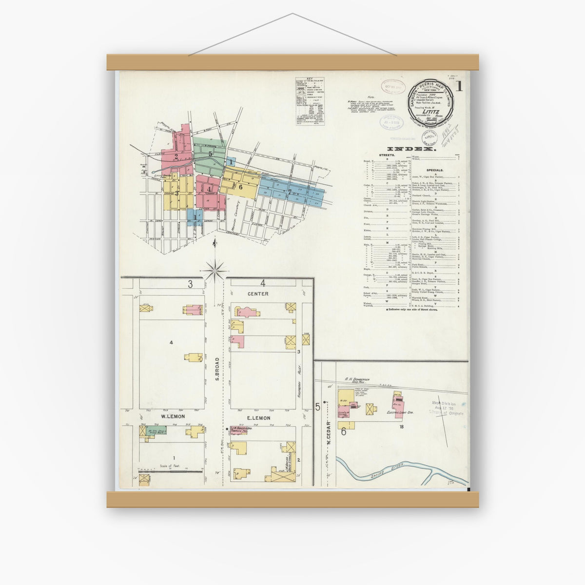 Old map wall art mockup — magnetic wood frame on white wall — Sanborn Fire Insurance Map from Lititz, Lancaster County, Pennsylvania (1898), Sheet #0001