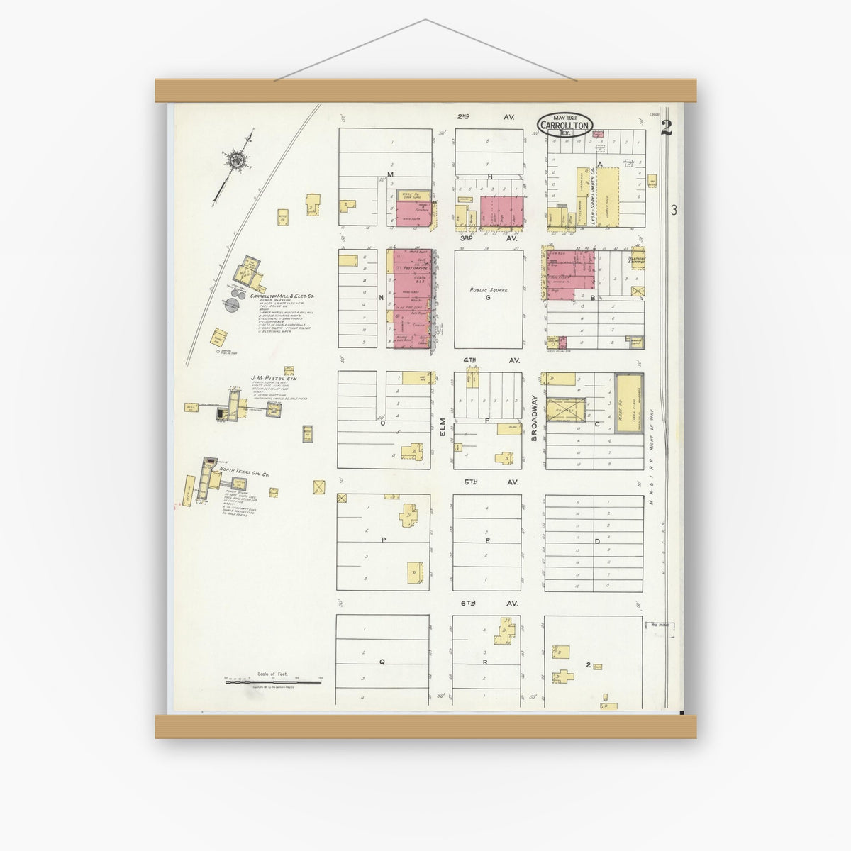 Old map wall art mockup — magnetic wood frame on white wall — Sanborn Fire Insurance Map from Carrollton, Dallas County, Texas (1921), Sheet #0002