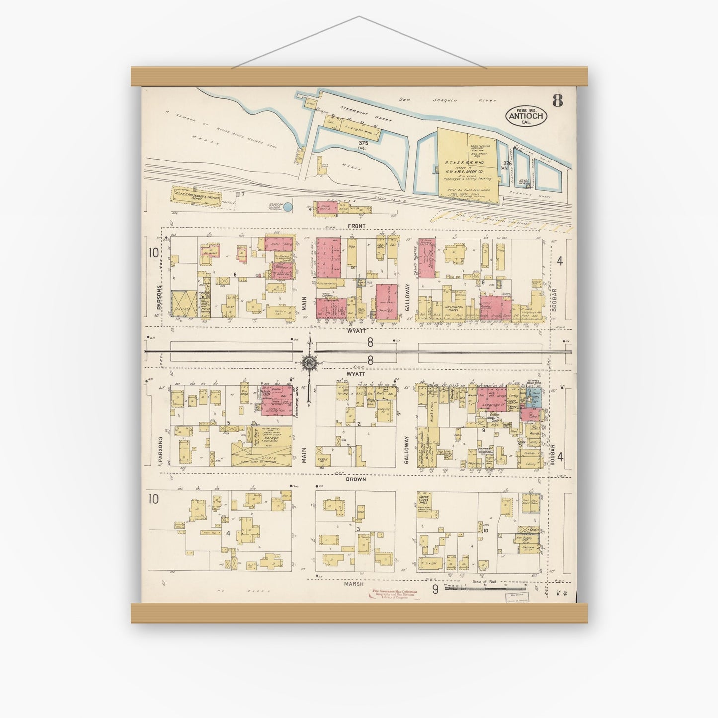 Old map wall art mockup — magnetic wood frame on white wall — Sanborn Fire Insurance Map from Antioch, Contra Costa County, California (1912), Sheet #0008