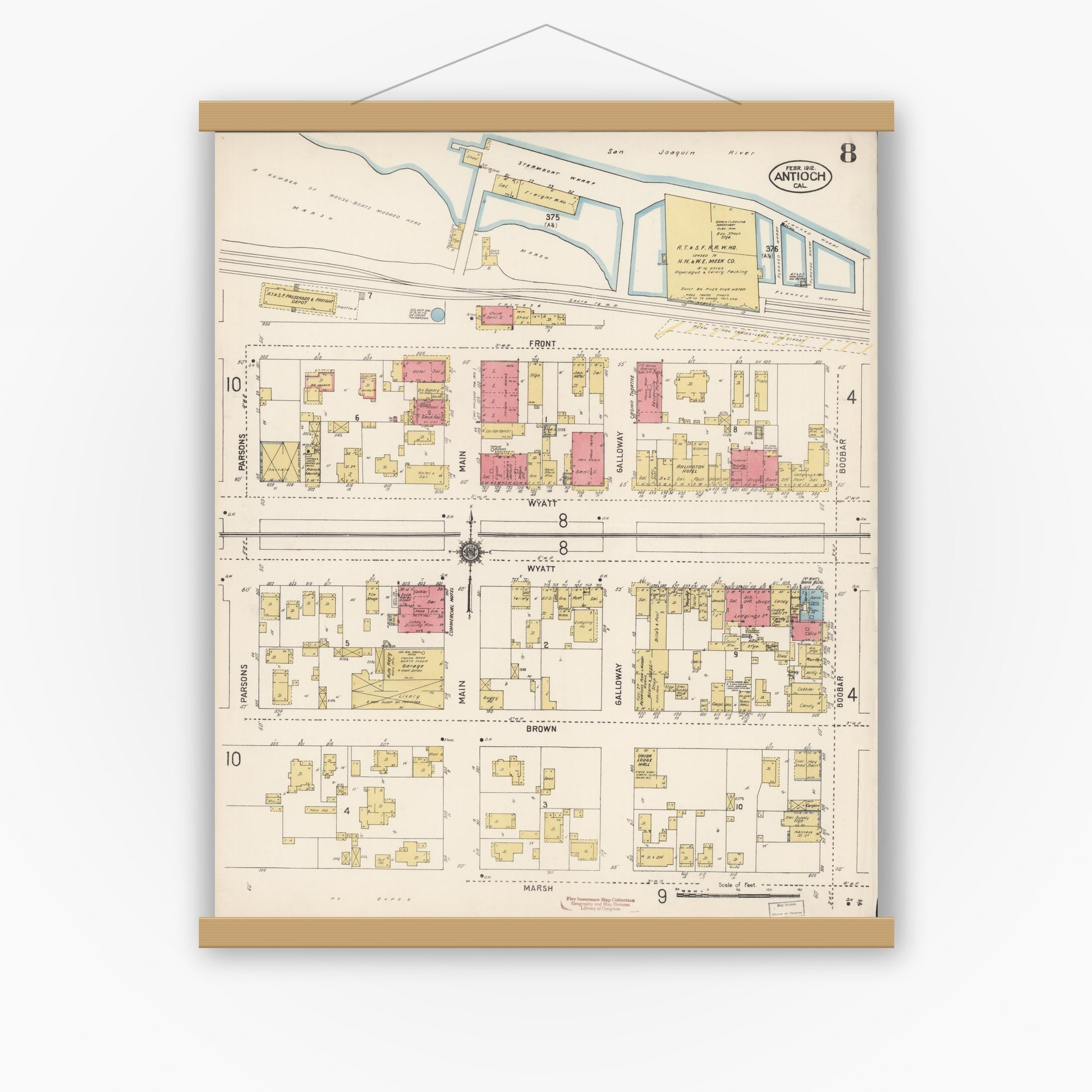 Old map wall art mockup — magnetic wood frame on white wall — Sanborn Fire Insurance Map from Antioch, Contra Costa County, California (1912), Sheet #0008