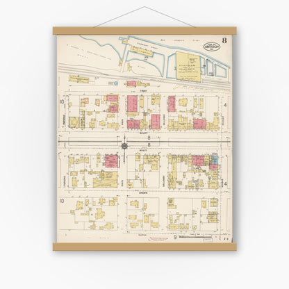 Old map wall art mockup — magnetic wood frame on white wall — Sanborn Fire Insurance Map from Antioch, Contra Costa County, California (1912), Sheet #0008