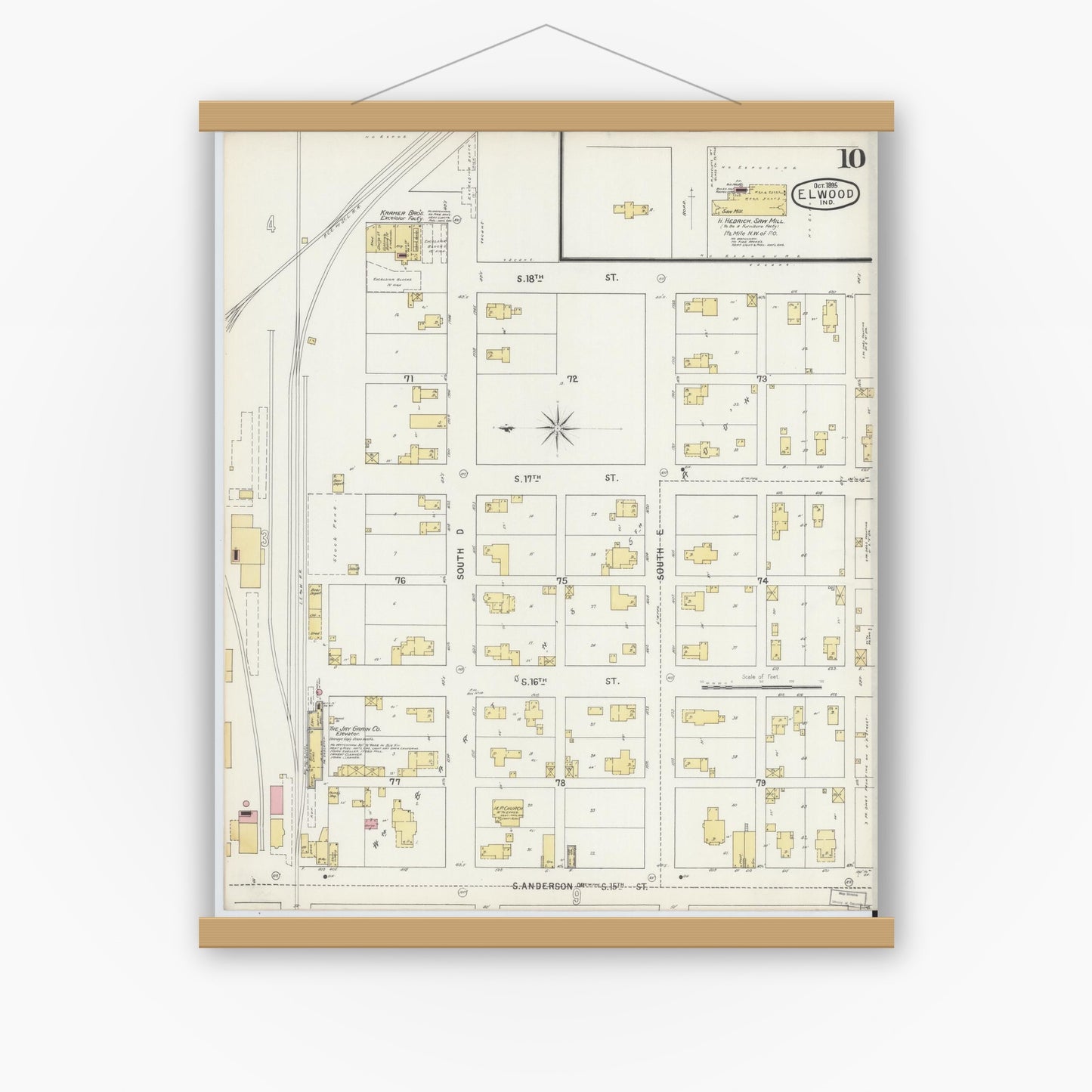 Old map wall art mockup — magnetic wood frame on white wall — Sanborn Fire Insurance Map from Elwood, Madison County, Indiana (1895), Sheet #0010