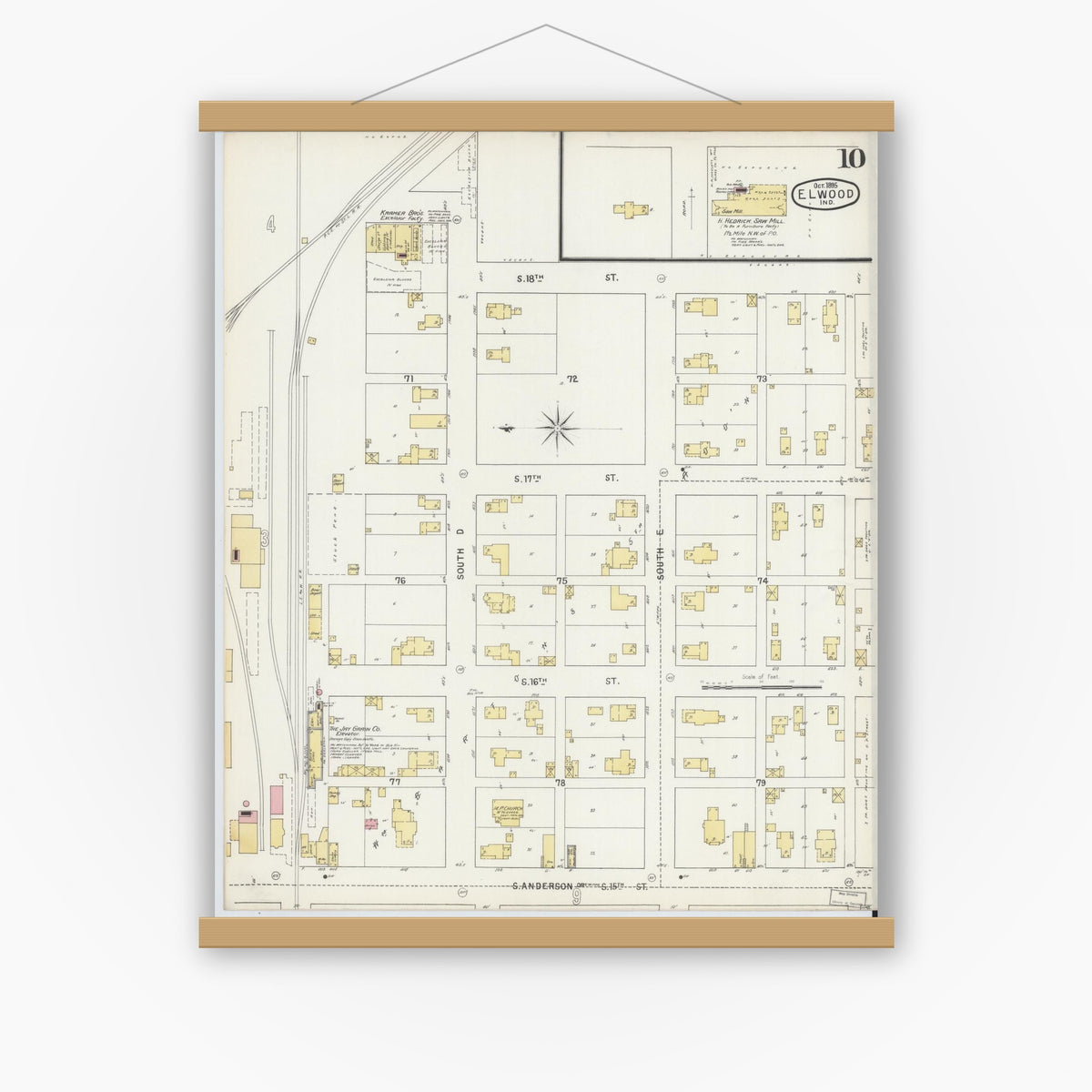 Old map wall art mockup — magnetic wood frame on white wall — Sanborn Fire Insurance Map from Elwood, Madison County, Indiana (1895), Sheet #0010