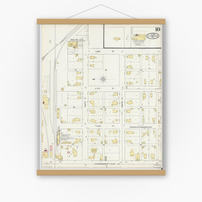 Old map wall art mockup — magnetic wood frame on white wall — Sanborn Fire Insurance Map from Elwood, Madison County, Indiana (1895), Sheet #0010