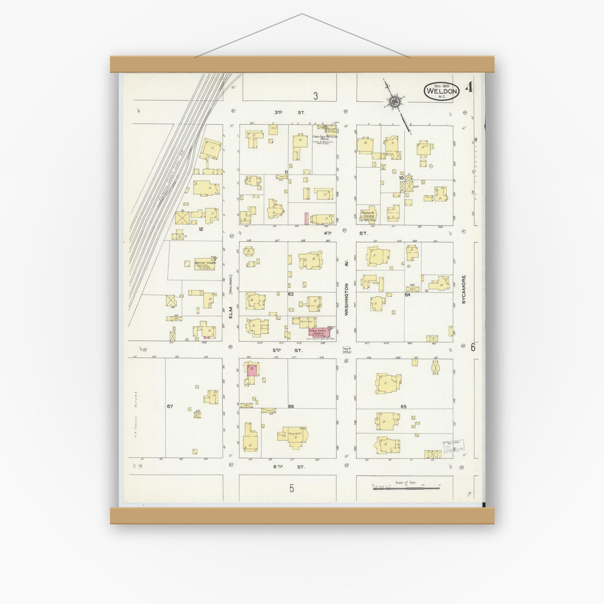 Old map wall art mockup — magnetic wood frame on white wall — Sanborn Fire Insurance Map from Weldon, Halifax County, North Carolina (1909), Sheet #0004