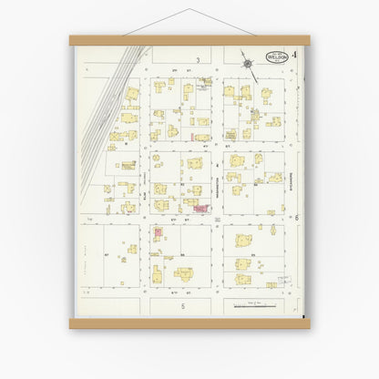 Old map wall art mockup — magnetic wood frame on white wall — Sanborn Fire Insurance Map from Weldon, Halifax County, North Carolina (1909), Sheet #0004